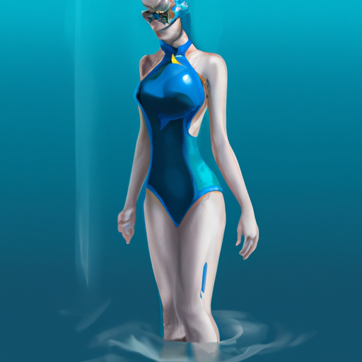 אישה בבגד ים כחול, עומדת במים.