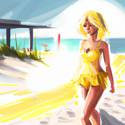 אישה בביקיני צהוב, עומדת ליד החוף.